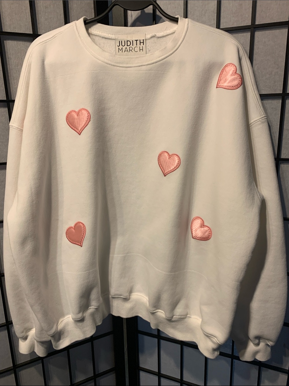 Judith March White Crewneck Sweatshirt with Pink Heart Appliqués Size M